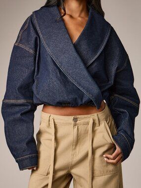 Dark Wash Casual Women's Oversized Denim Wrap Jacket With Wide Lapel
